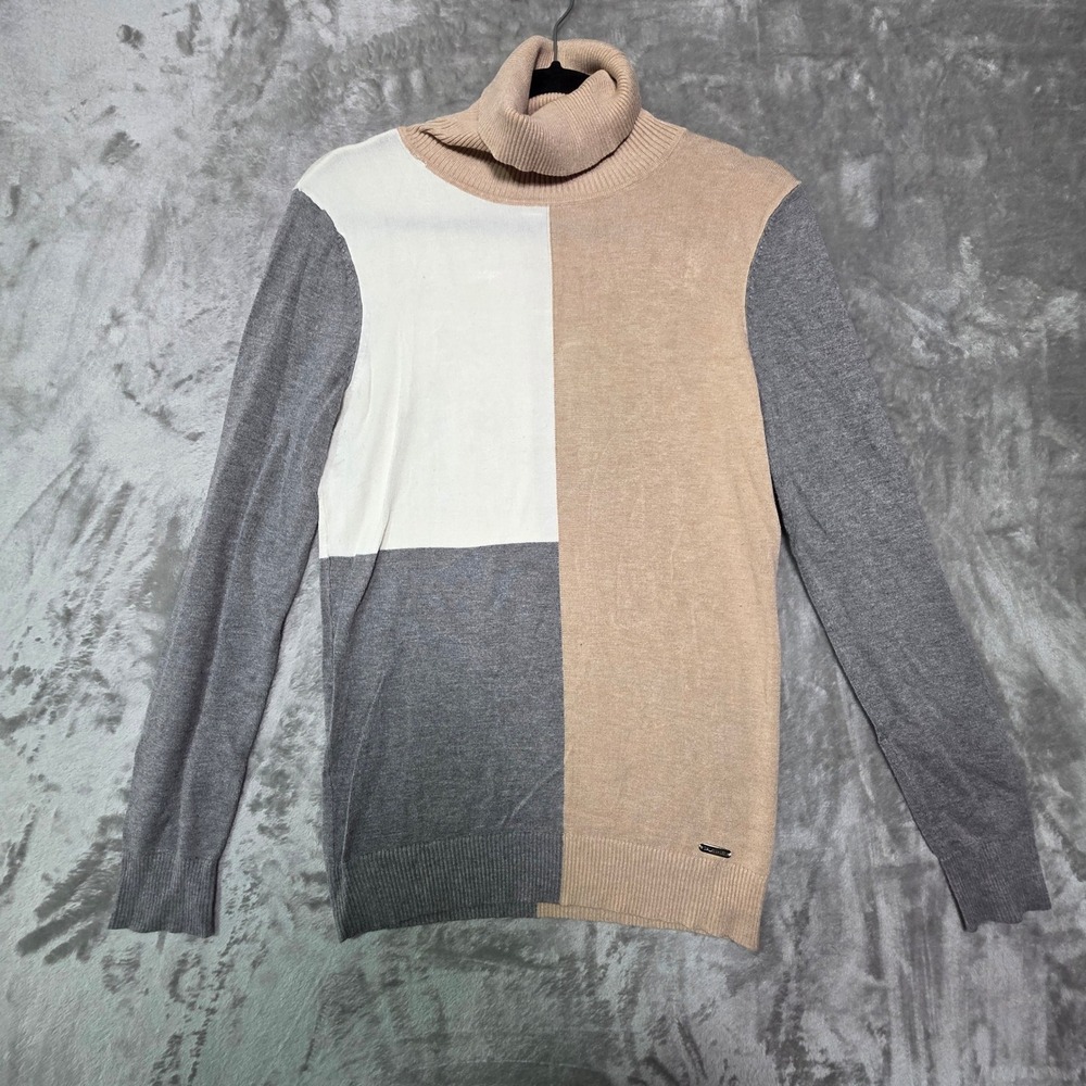 Calvin Klein Womens Colorblock Turtleneck Sweater Tan Grey Cream S